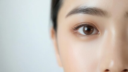 Naklejka premium Close-up of an Asian person s face, showcasing clear, bright skin with no blemishes, perfect complexion, clear skin, bright complexion, flawless beauty