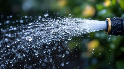 Hose nozzle spraying water, with a focus on droplets and flow, Fresh, Bright, Detailed