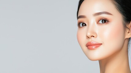 Obraz premium Close-up of an Asian woman with flawless, glowing skin, soft natural light enhancing her radiant complexion, beautiful skin, radiant complexion, natural beauty
