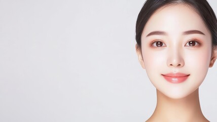 Fototapeta premium Close-up of an Asian woman with flawless, glowing skin, soft natural light enhancing her radiant complexion, beautiful skin, radiant complexion, natural beauty