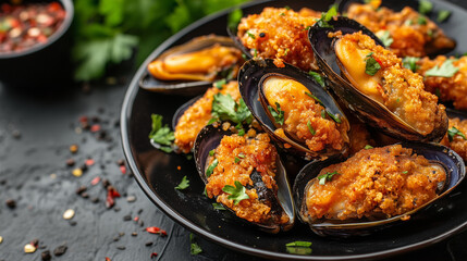 Fototapeta premium Fried delicious mussels with herbs in the shell. Seafood. Homemade Caribbean mussels. Restaurant serving. generation AI