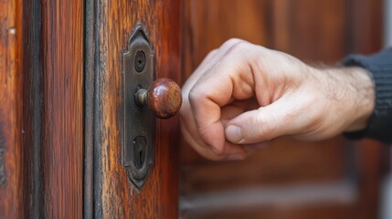 Person knocking on a wooden door in a residential area during daylight