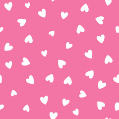 All over seamless vector repeat pattern with ditsy white hand drawn doodle hearts tossed on hot pink background. Simple cute Valentines day background