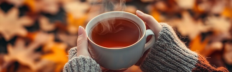 A cozy moment holding a warm cup of tea among colorful autumn leaves during a cool fall afternoon