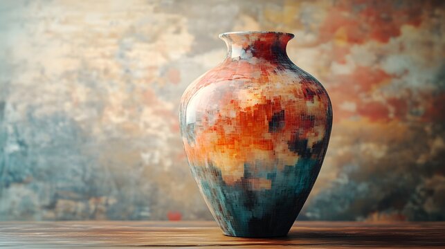 A hybrid vase, transitioning from a detailed ceramic design to a fragmented digital form, standing on a classic wooden table, glitch effects visible