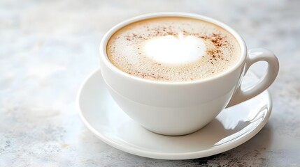 Fototapeta premium Freshly brewed frothy cappuccino in a classic white ceramic cup with ample copy space around the beverage for adding text or logo