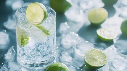 Fototapeta premium Refreshing sparkling lime water served in a transparent glass with ice cubes creating a crisp and zesty beverage perfect for a hot summer day