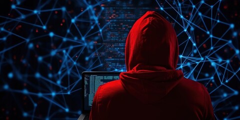 A hooded figure working intently on a computer, immersed in a digital network of blue lights and data connections.