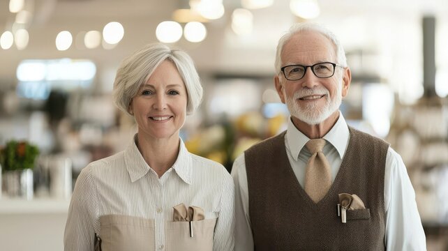 Senior couple working part-time as greeters at a retail store, smiling and welcoming customers, elderly employment, part-time work, senior greeters
