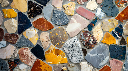 A close-up of a wall made of various small, colorful, and irregularly shaped stones.