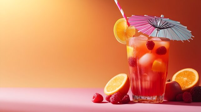 Refreshing tropical fruit punch cocktail served in a glass with a colorful umbrella garnish providing a festive and vacation like atmosphere with copy space for text overlay - Powered by Adobe