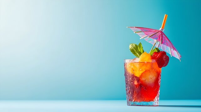 Vibrant and refreshing fruit punch cocktail served in a glass with a colorful decorative umbrella perfect for a summer party or tropical themed event with copy space for text overlay - Powered by Adobe