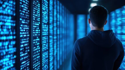 A person standing before a wall of data, immersing in a digital world of technology and innovation.