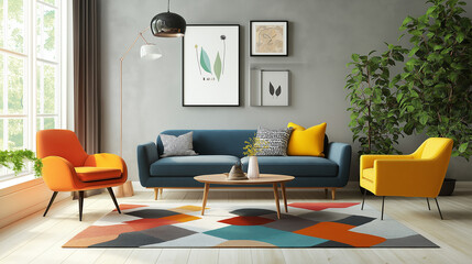 Mid century, scandinavian interior design of modern living room with colorful multicolored furniture