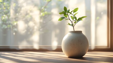 A small sapling growing from a ceramic vase, representing resilience and fresh starts, surrounded by a calm atmosphere, soft shadows, and light