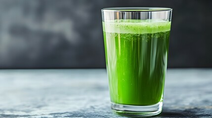 Closeup of a freshly made green juice in a tall transparent glass with copy space available for text overlay  The vibrant green color and natural transparency of the beverage suggest a healthy