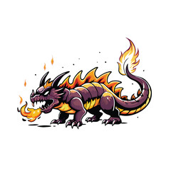 A detailed and realistic vector illustration of a fire-breathing monster. The monster is purple and black, with yellow and orange fire coming from its mouth and tail.