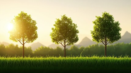 Obraz premium A serene landscape featuring three trees bathed in golden sunlight against a backdrop of mountains and green grass.