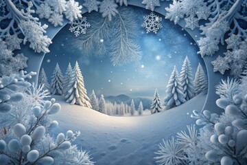Obraz premium A serene winter wonderland with snow-laden trees, twinkling stars, and gentle snowfall enveloping a tranquil landscape at twilight. Generative AI
