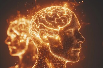 Obraz premium Futuristic concept of two human profiles with interconnected glowing brains depicting mental connectivity shared thoughts and cognitive alignment in a bright abstract environment