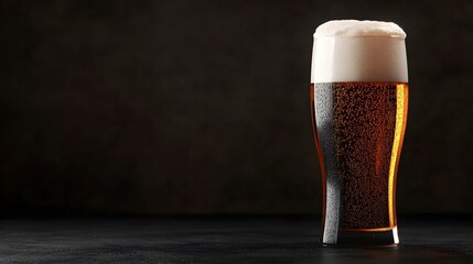 Close up of a cold glass of beer with a thick frothy head sitting on a rustic wooden table providing ample copy space for branding advertising or text overlay