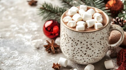Fototapeta premium Cozy mug of freshly brewed hot chocolate topped with soft fluffy marshmallows creating a comforting and inviting winter scene