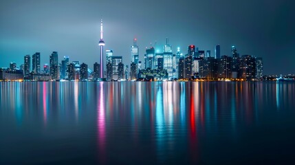 A beautifully lit city skyline reflecting on the water, showcasing modern buildings and architectural highlights.