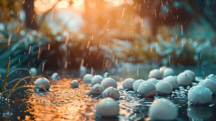 Hailstones collected in a rain gutter in a garden that has undergone flooding following a heavy thunderstorm.