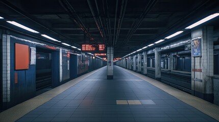 Obraz premium Empty Subway Platform with Red Sign and Tiles