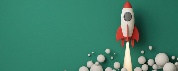 A whimsical rocket launches into space, surrounded by bubbles, against a vibrant green background, symbolizing adventure and exploration.