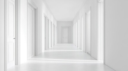 White Hallway with Multiple Doors and Minimalist Design