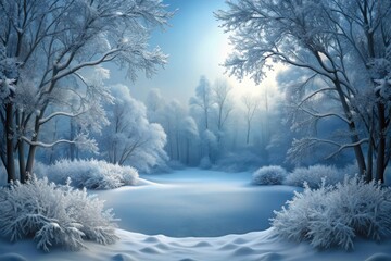 A tranquil winter landscape illuminated by soft sunlight, featuring snow-covered trees and an ethereal frozen lake in a serene forest setting. Generative AI