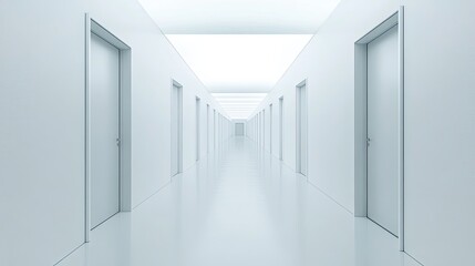 White Corridor with Doors Leading to an Unseen Destination