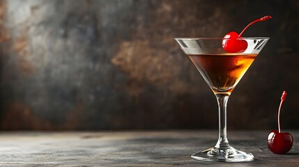 Perfectly crafted Manhattan cocktail with a luxurious cherry garnish served in a sophisticated glassware against a neutral background with ample copy space