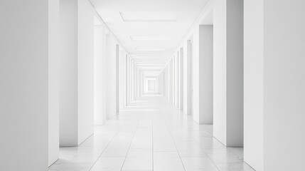 Obraz premium White hallway with tiled floor and bright light at the end