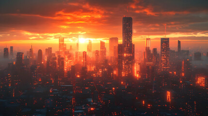 Fototapeta premium Futuristic Cityscape at Sunset with Glowing Buildings