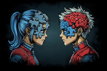 Digital rendering of two human profiles with puzzle piece brains in a comic style representing the challenges of communication problem solving and the complexity of thoughts