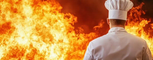 A chef stands in front of a dramatic fire, showcasing culinary passion and the heat of professional cooking. Intense and captivating image.