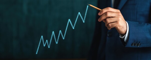 A businessman holding a pencil, illustrating growth with an upward trend line on a chalkboard.