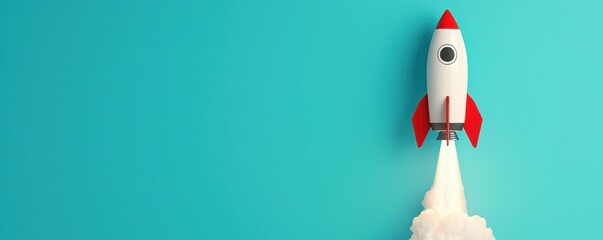 A colorful rocket launching into the sky, symbolizing ambition, innovation, and exploration against a vibrant blue backdrop.