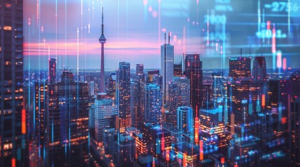 Forex and stock market charts over Toronto skyline, international trading concept generative ai