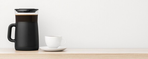 Fototapeta premium Stylish coffee pot with a cup on a wooden table, perfect for modern kitchen decor or cafe themes.