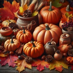 A bunch of pumpkins, colorful dried leaves and fall decorations. Autumn holiday background. 