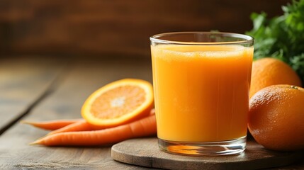 A glass filled with a vibrant freshly squeezed blend of carrot and orange juice offering a healthy refreshing and nutritious drink with ample copy space for text or design