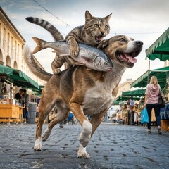 A large dog is running swiftly with a cat on its back. The cat holds a large fish in its mouth. morning vibrant street market scene.