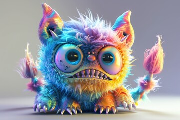 Naklejka premium 3D monster character with bold colors standing against a white background under studio lighting.