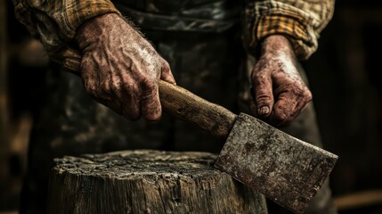 Craftsman using a traditional axe to shape wood in a workshop setting