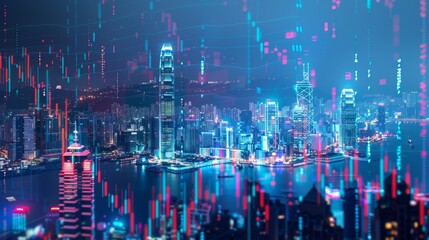 Obraz premium Forex and stock market charts over a panoramic view of a city, international trading concept generative ai
