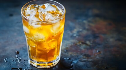 A refreshing glass of cold clear apple juice filled with ice cubes against a simple white background creating a clean minimalist composition with ample copy space