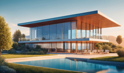 Fototapeta premium A modern house with a large glass facade and a swimming pool sits on a hill overlooking the ocean on a sunny day